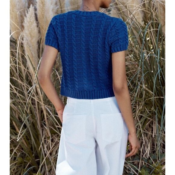 Zara Womens Cardigan Sweater S Small Blue Cable Knit Short Sleeve 6771/053 NWT - Picture 3 of 14